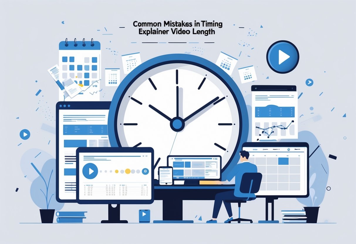 A workspace showing a confused video editor surrounded by clocks, storyboards, and video timelines illustrating mistakes in choosing explainer video length.
