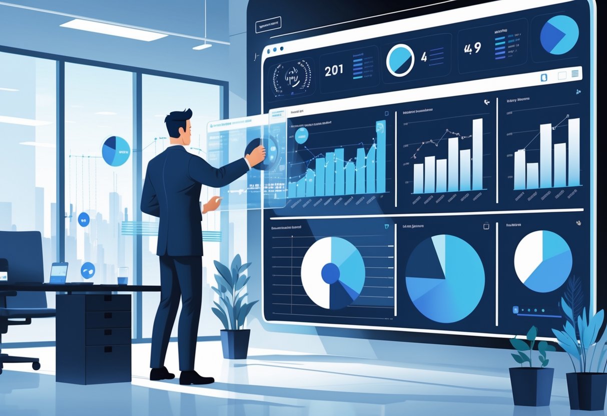 A person analysing data charts and graphs on a digital dashboard in an office, focusing on optimising video length.