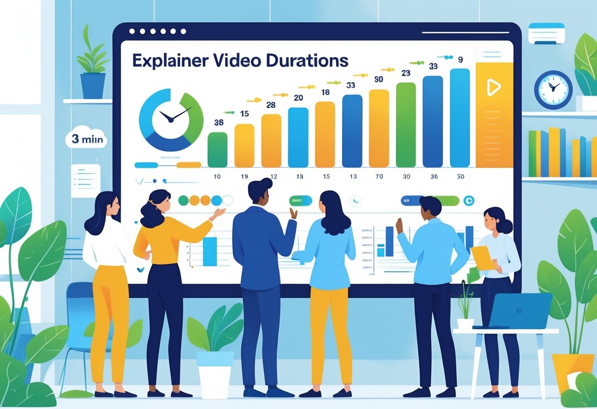 A group of people in an office discussing a large screen showing colourful graphics about different explainer video lengths.