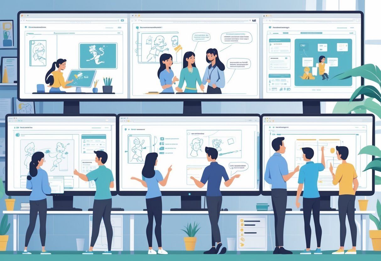 A series of connected scenes showing an animator creating drafts, a team reviewing animation on a screen, notes being added to a storyboard, and a reviewer approving the final animation in a modern office.