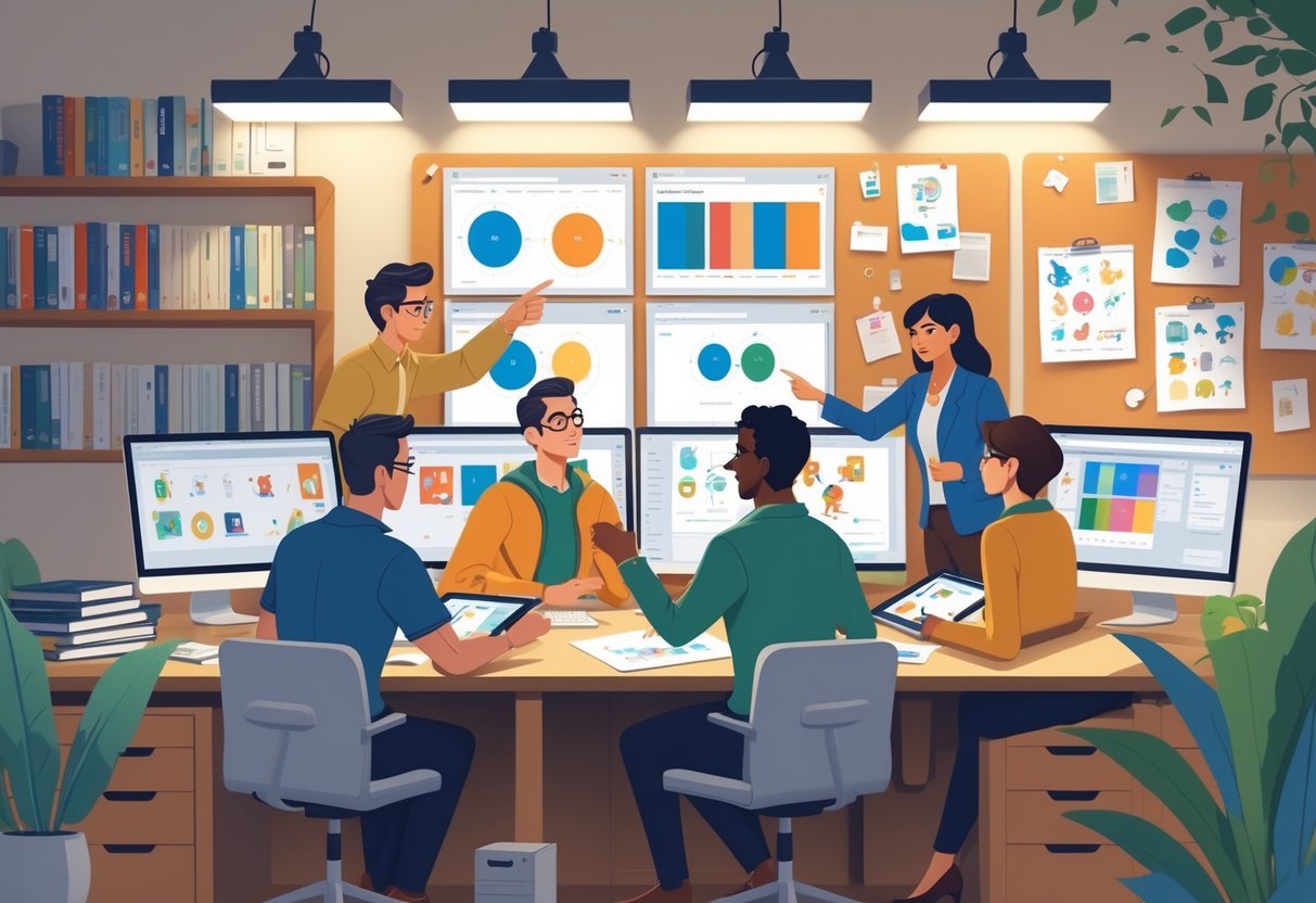 A group of professionals reviewing animation frames on computer screens in a creative workspace.