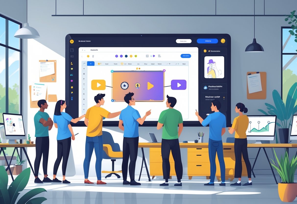 A group of people collaborating around a large screen showing an animation draft in a creative workspace with computers and drawing tablets.