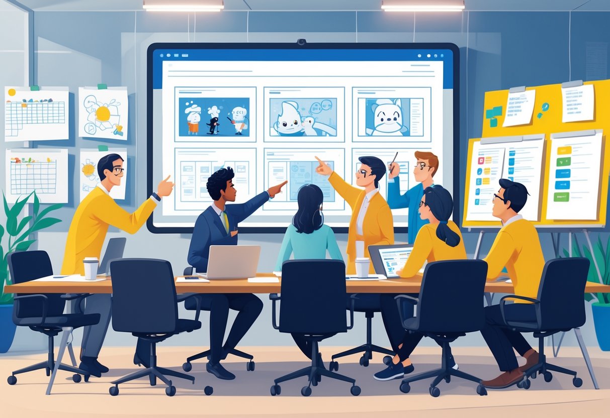 A group of creative professionals in a meeting room reviewing animation frames on a large screen, collaborating around a table with laptops and sketches.