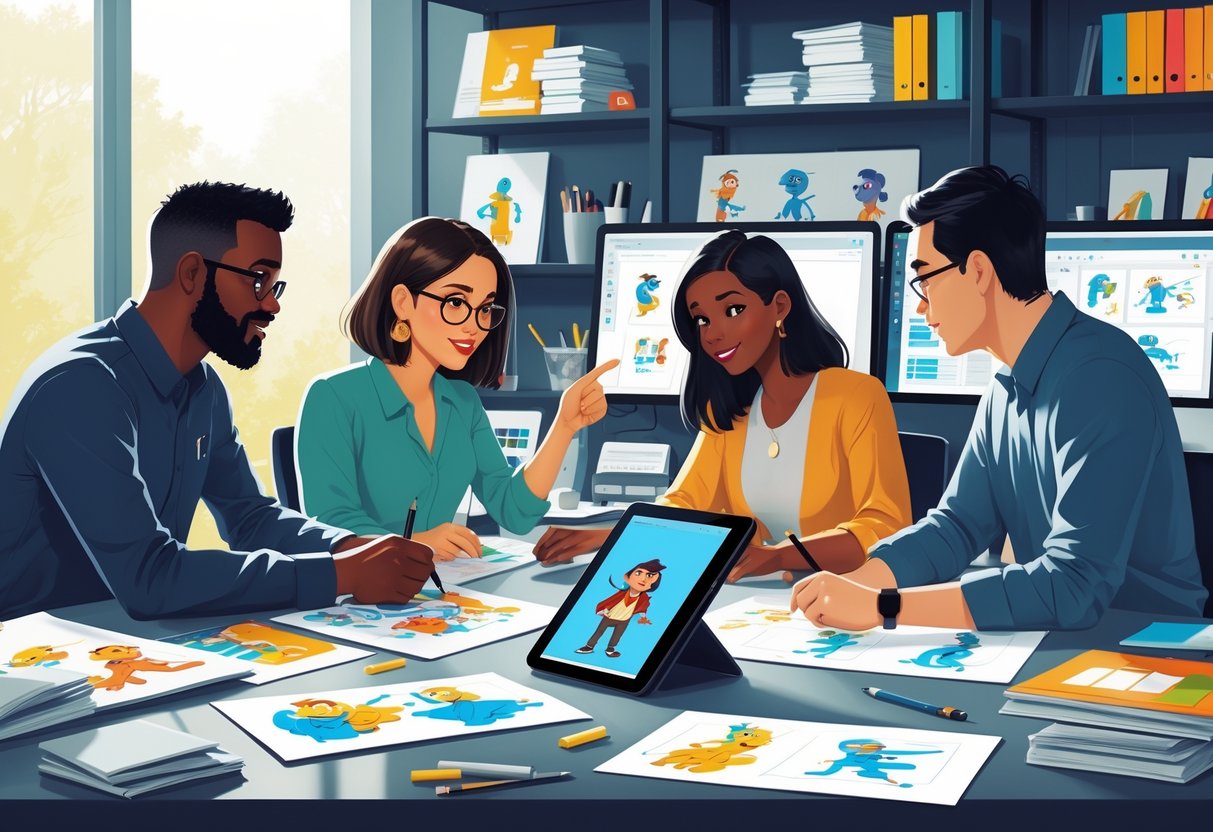 Three people reviewing animation sketches and digital frames together at a desk in a creative workspace.