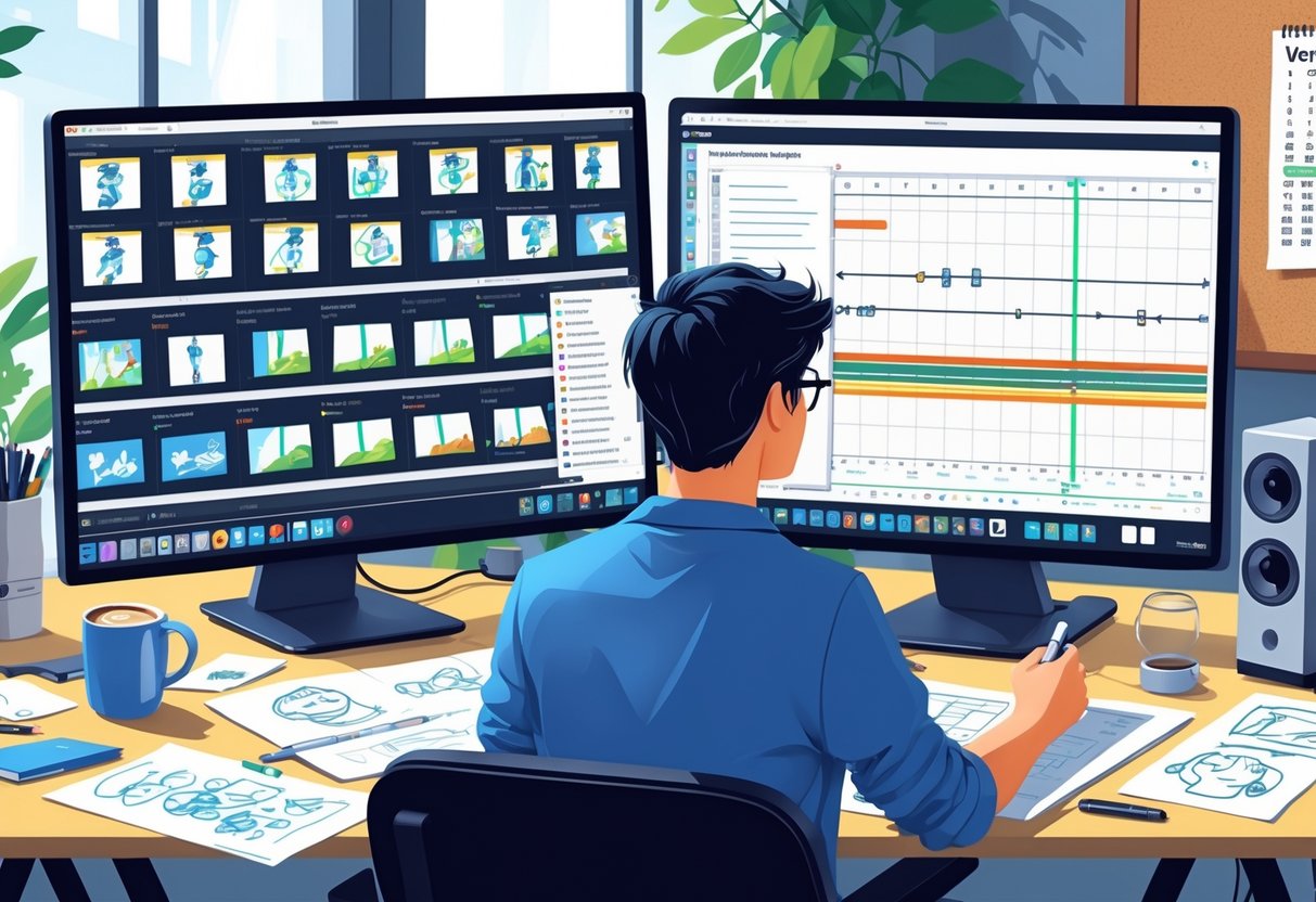 A person working at a desk reviewing animation drafts on two computer screens, surrounded by sketches and notes.