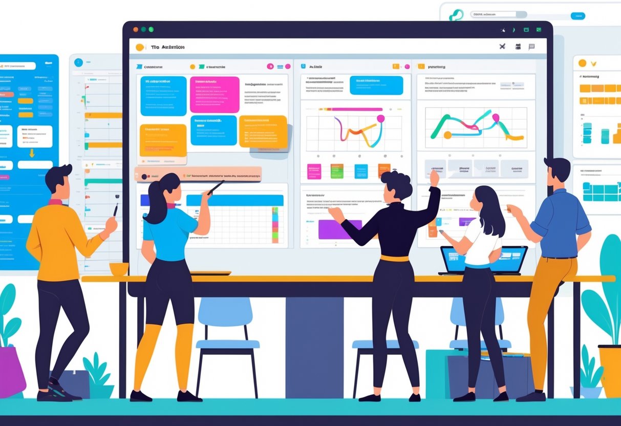 A team in an office reviewing animation drafts on a large screen, with project management tools visible around them.