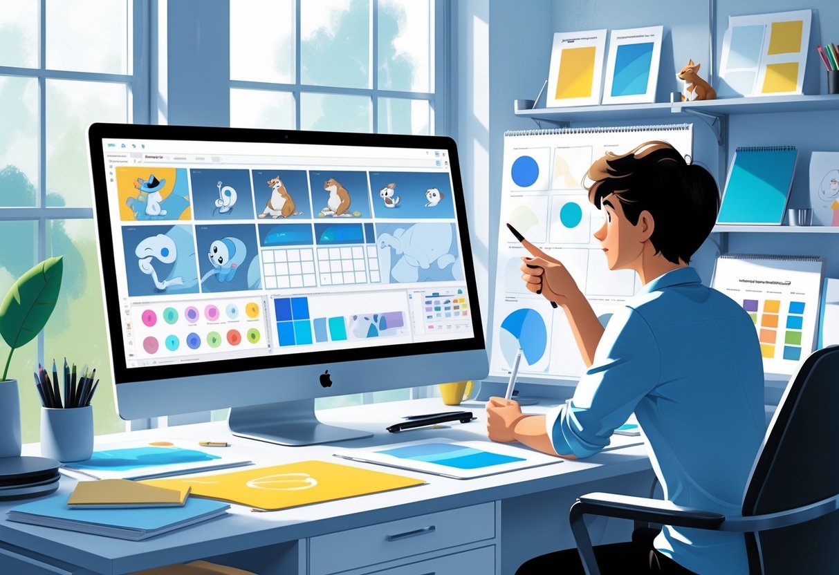 A person reviewing animation frames on a computer screen at a desk filled with drawing tools and sketches in a creative workspace.