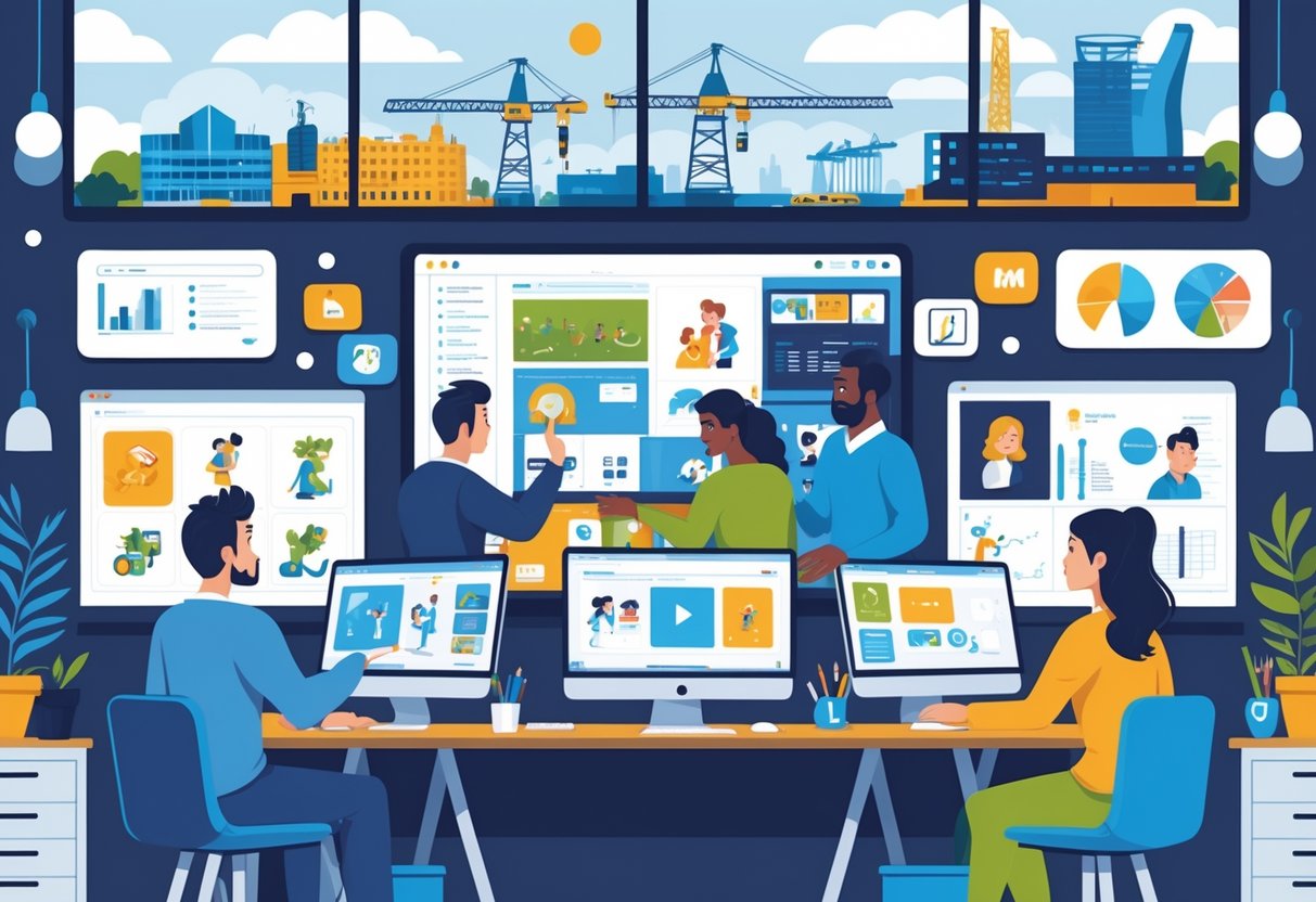 A creative studio showing animators working on computers and storyboards with Belfast landmarks visible in the background.