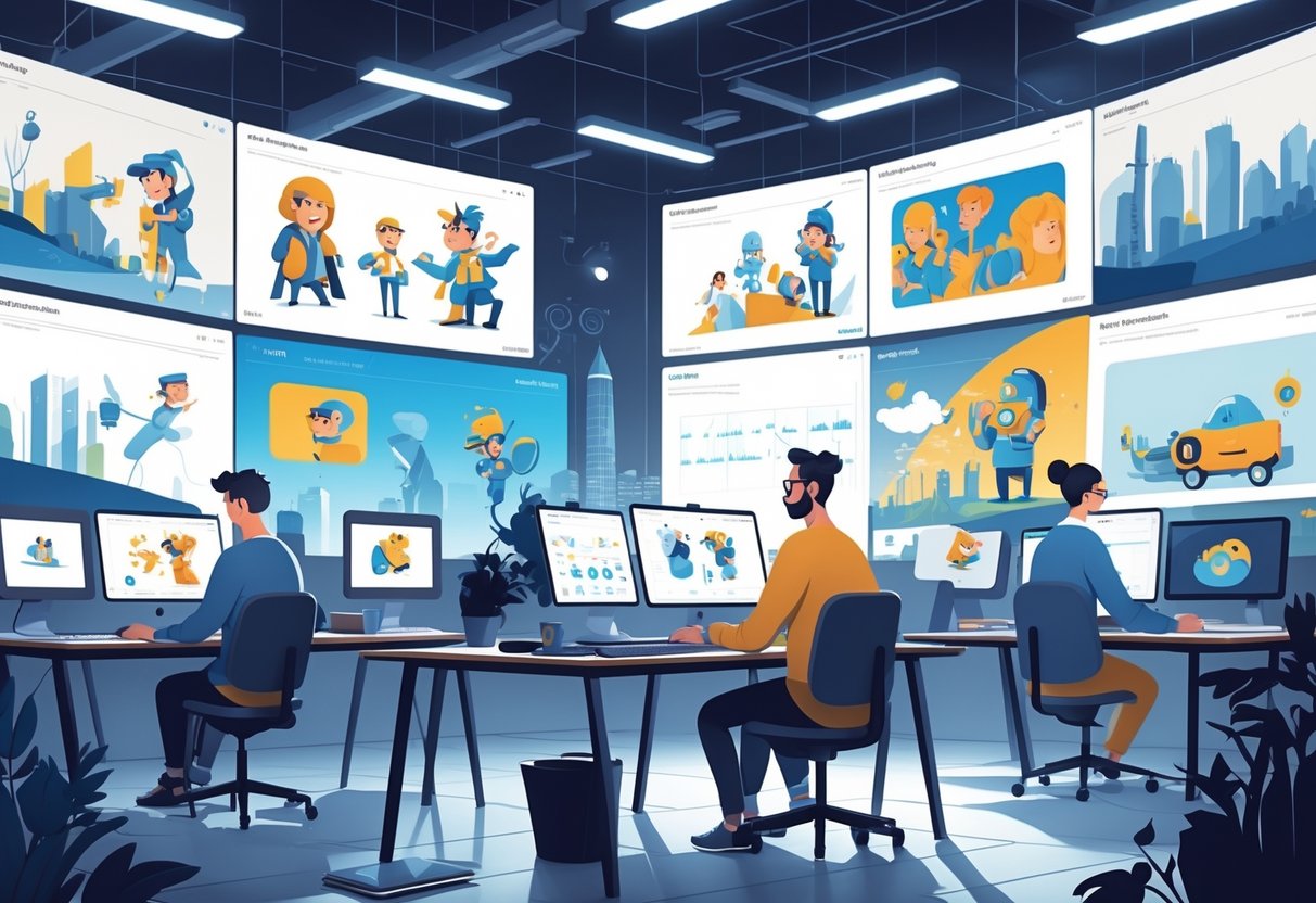 A busy studio where animators work on different animation styles with screens and drawing tools, set against a backdrop hinting at Belfast.