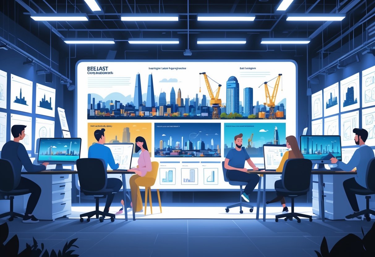 A team of animators and video producers working together around a digital screen showing animated scenes of Belfast, with storyboards and video production equipment in a creative studio.