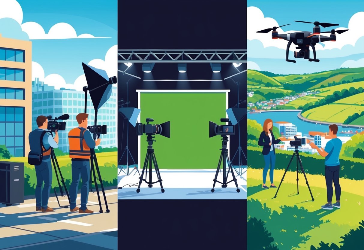Three scenes showing video filming options: an outdoor city shoot, an indoor studio with green screen and lights, and a drone flying over a city landscape.