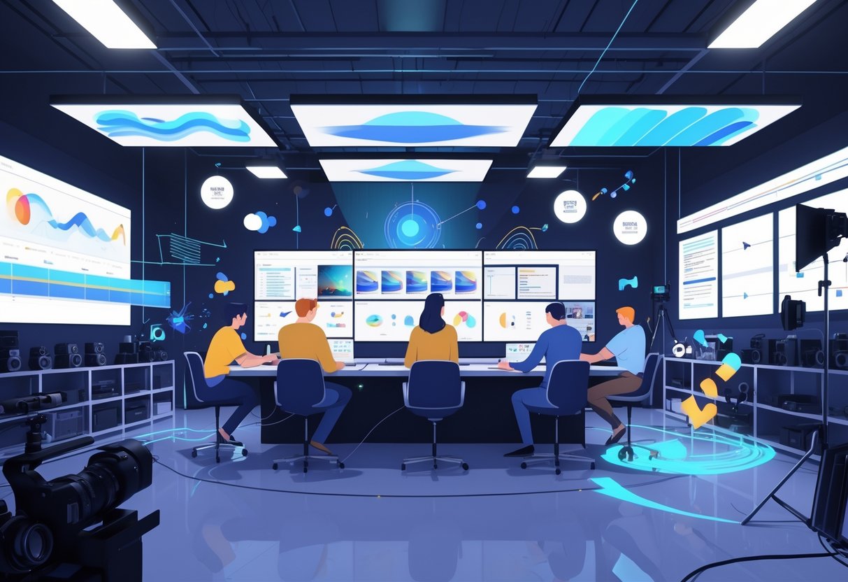 A team working together in a video production studio with screens showing animation and video editing, surrounded by equipment and digital graphics.
