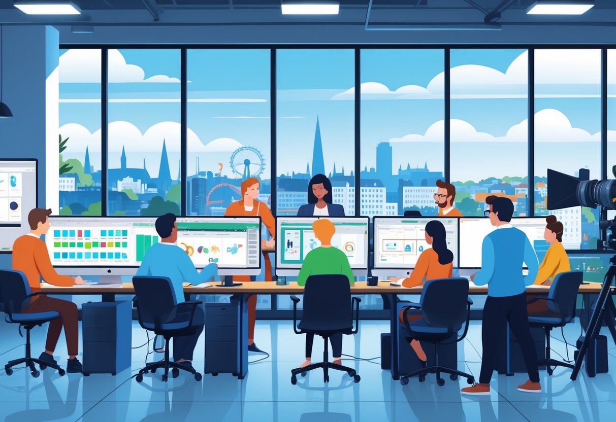 A team of people working together at computers with animation and video editing tools in an office overlooking the Belfast city skyline.