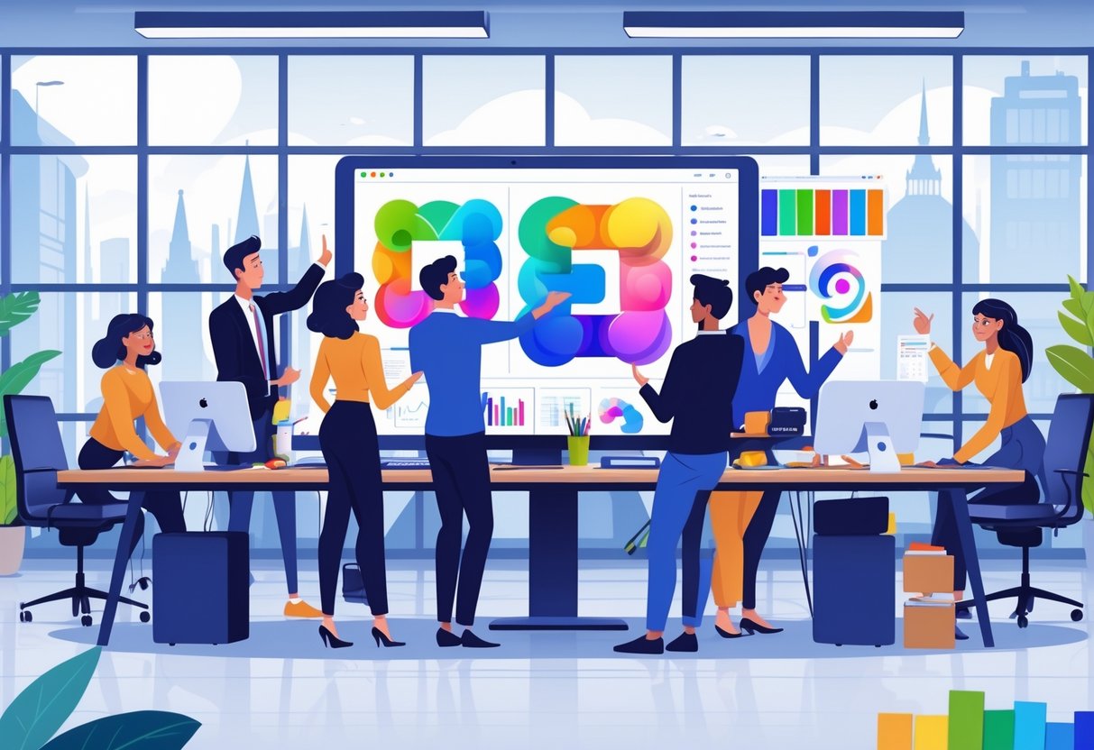 A diverse team working together around a digital screen displaying animated logo designs in a modern office with a city view.