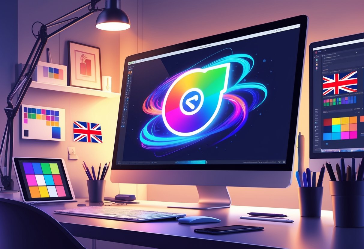 A modern workspace showing a digital screen with a colourful animated logo in progress, surrounded by design tools and subtle British elements in the background.