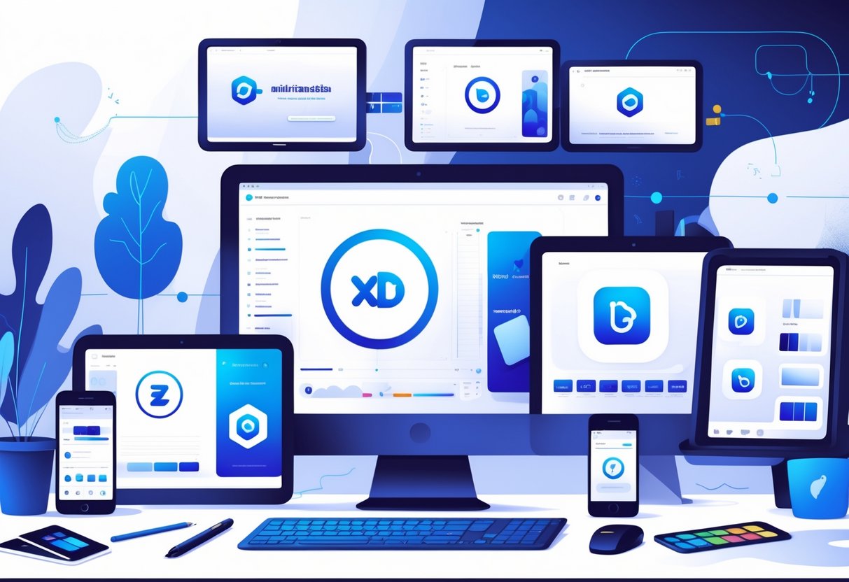 A workspace showing multiple screens with animated logos displayed on different devices including a smartphone, tablet, desktop monitor, and digital billboard, surrounded by design tools.