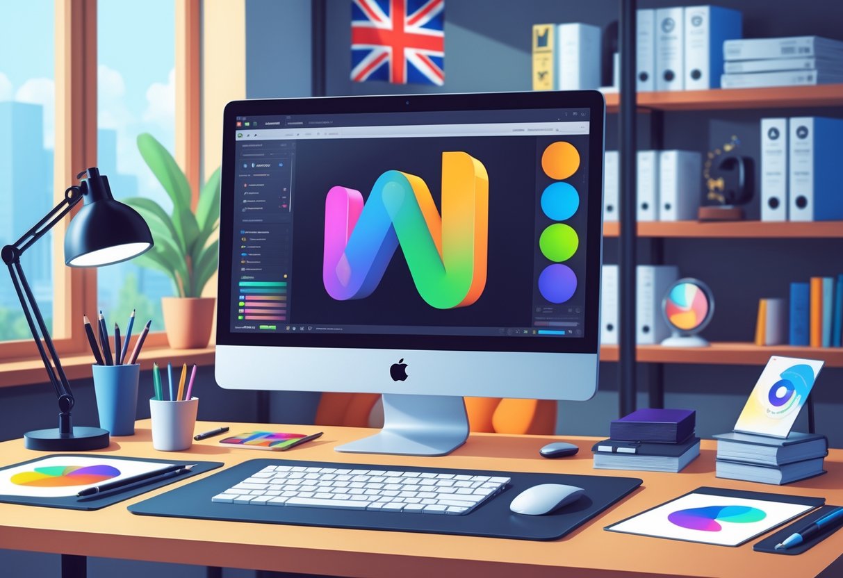 A modern office desk with a computer showing an animated logo design, surrounded by design tools and a British flag in the background.