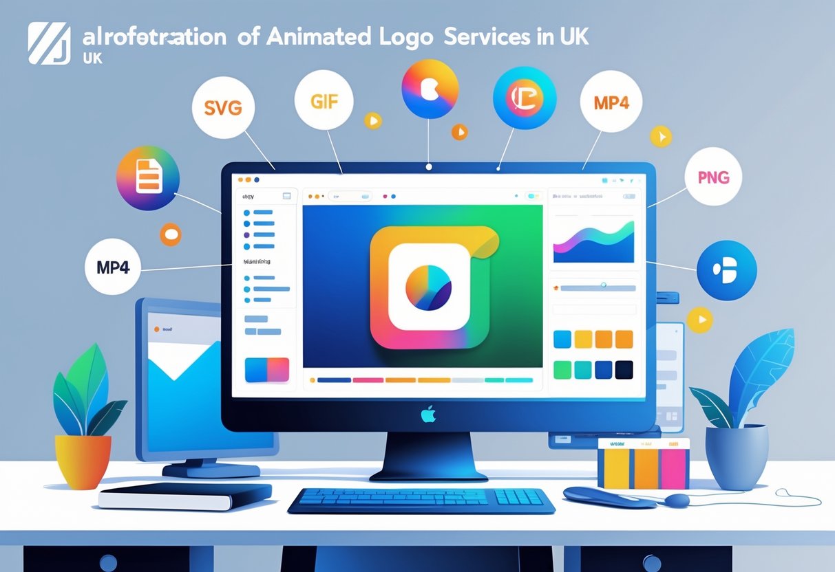 A digital workspace showing a computer screen with an animated logo and floating icons of different file formats, with a faint map of the UK in the background.