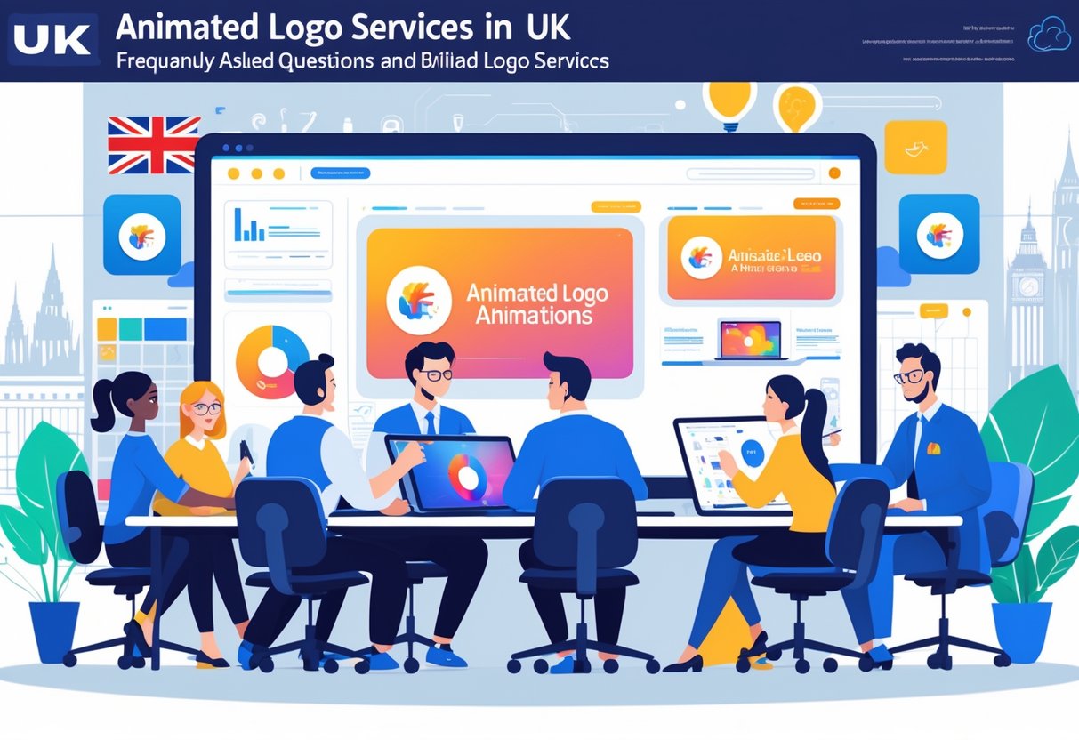 A team of creative professionals working together on animated logo designs in a modern office with UK-themed decor.