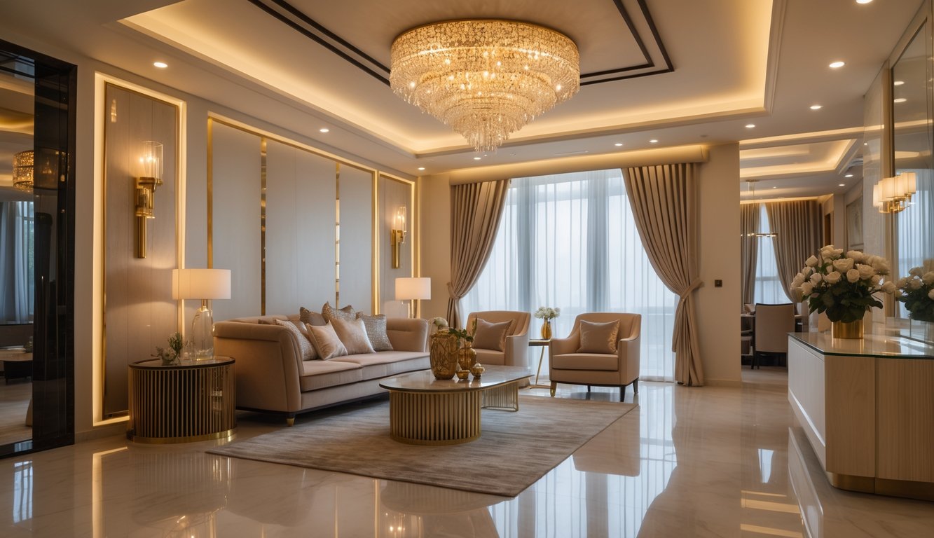 Ruang tamu mewah dengan pencahayaan interior yang hangat dan elegan, menampilkan lampu gantung kristal dan furnitur nyaman.