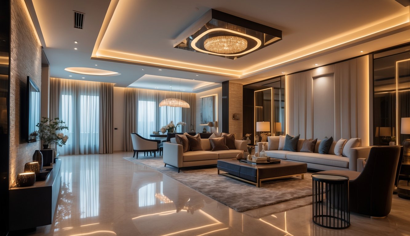 Ruang tamu mewah dengan pencahayaan interior yang hangat dan elegan.