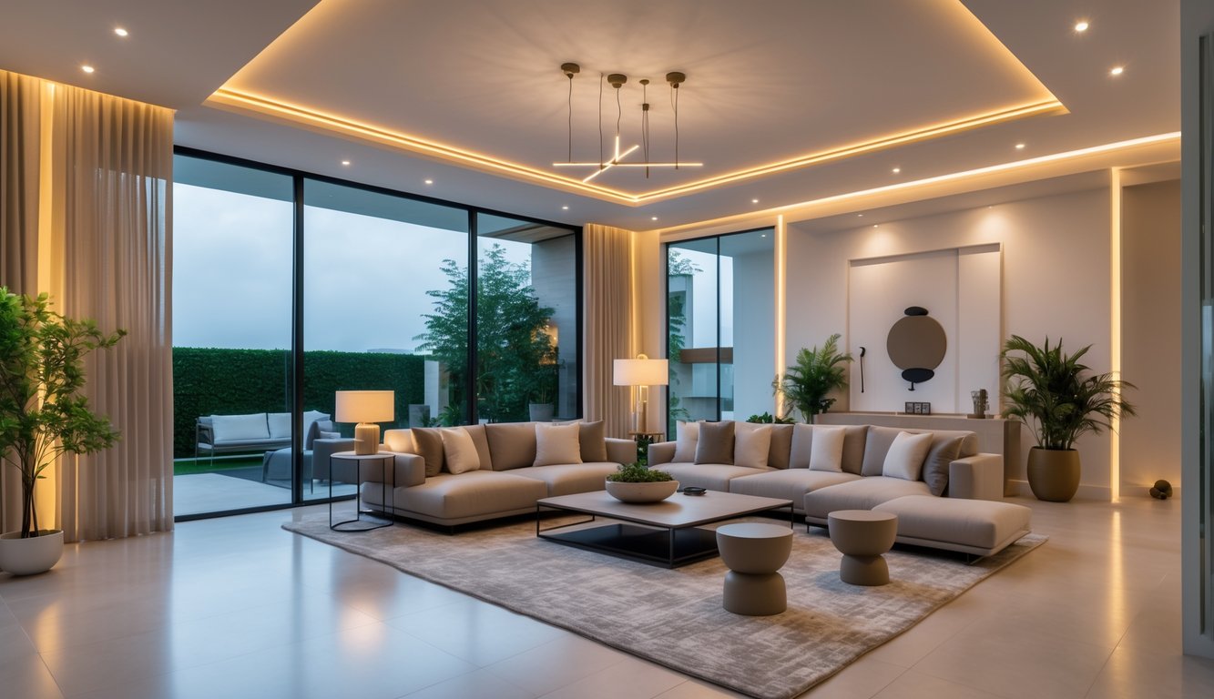 Ruang tamu rumah modern dengan pencahayaan hangat dan furnitur nyaman.