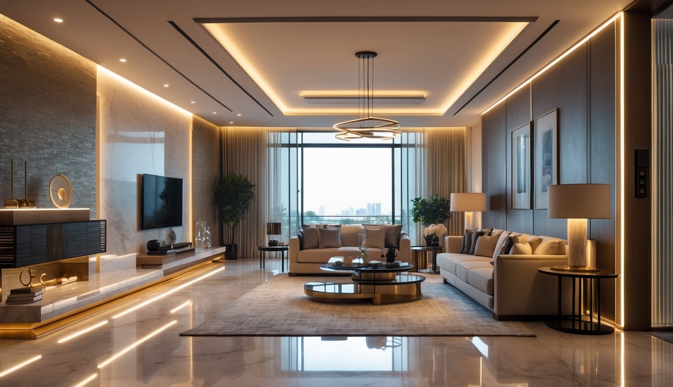 Ruang tamu modern dengan pencahayaan interior mewah yang hangat dan elegan, menampilkan furnitur berkualitas tinggi dan dekorasi yang rapi.