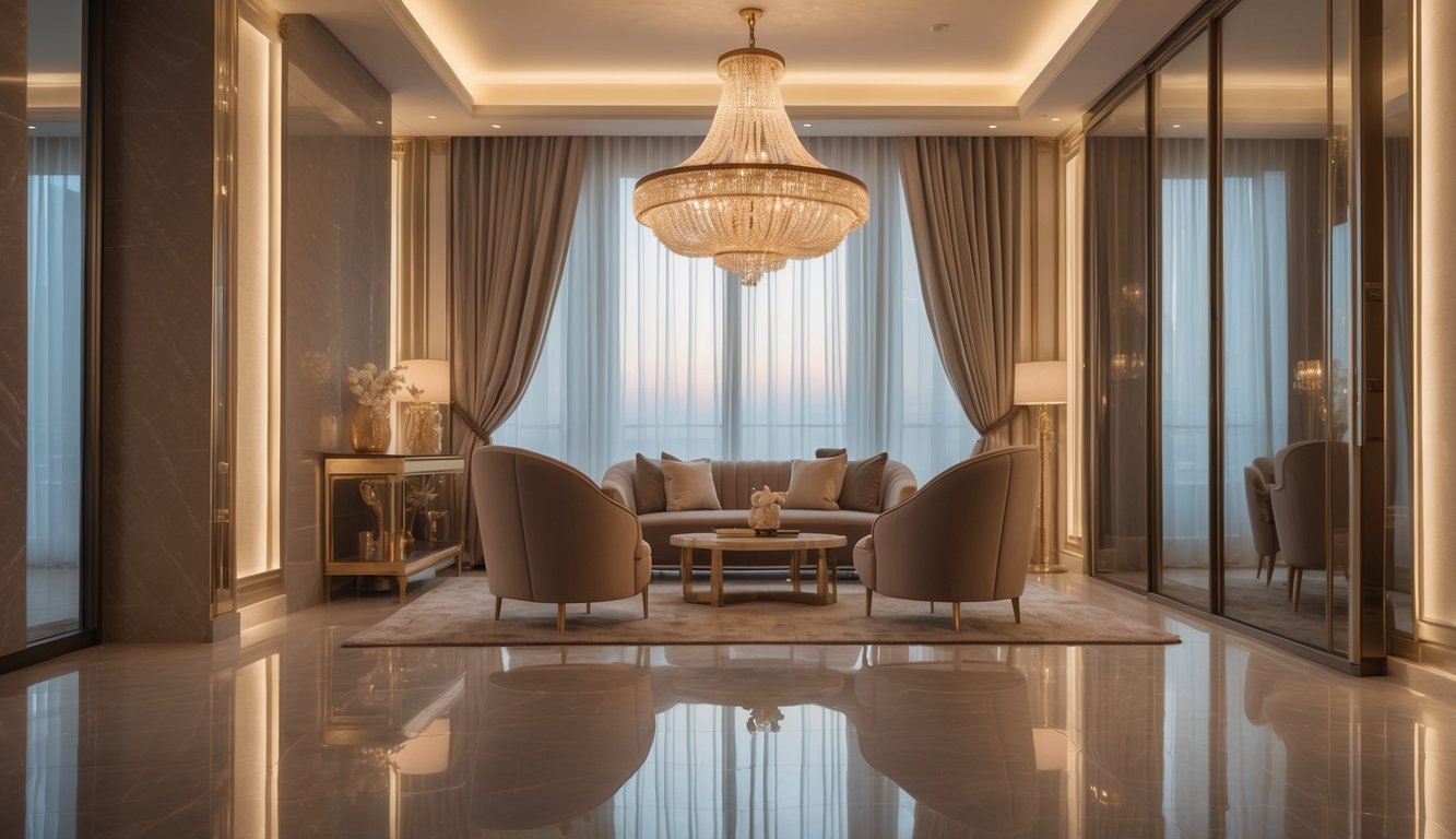 Lampu gantung mewah menerangi ruang interior dengan furnitur dan dekorasi elegan.