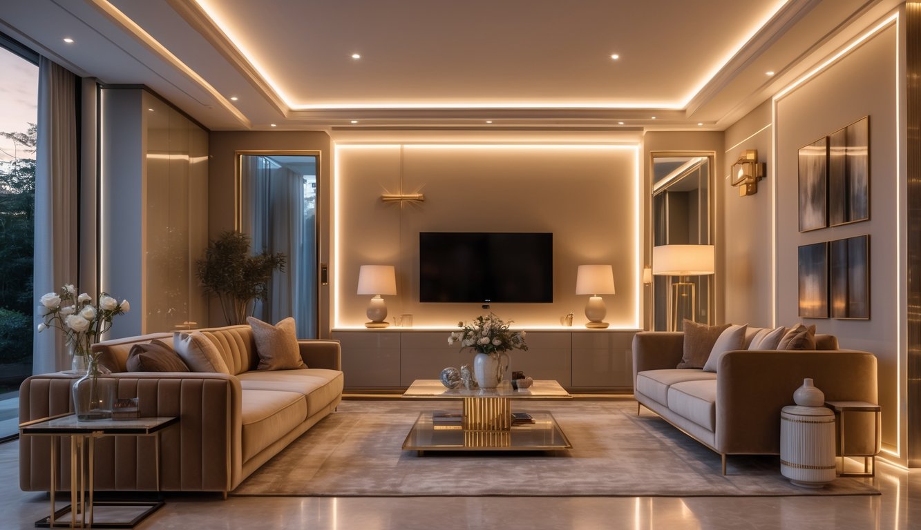 Ruang tamu mewah dengan pencahayaan interior yang hangat dan elegan, menampilkan sofa empuk, meja kopi kaca, dan lampu gantung modern.