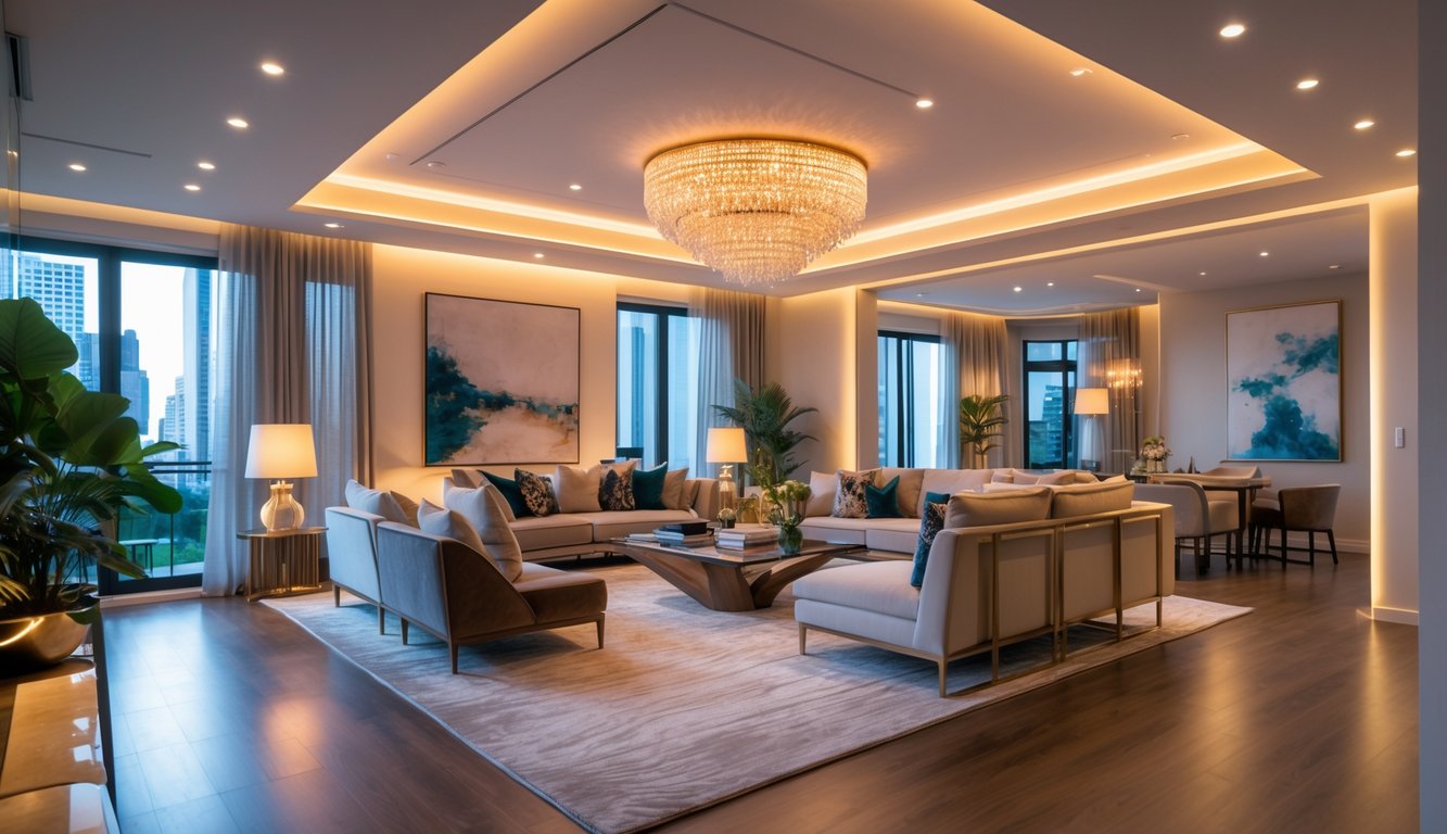 Ruang tamu mewah dengan sofa nyaman, pencahayaan hangat dari lampu gantung dan lampu lantai, jendela besar, dan tanaman hias.