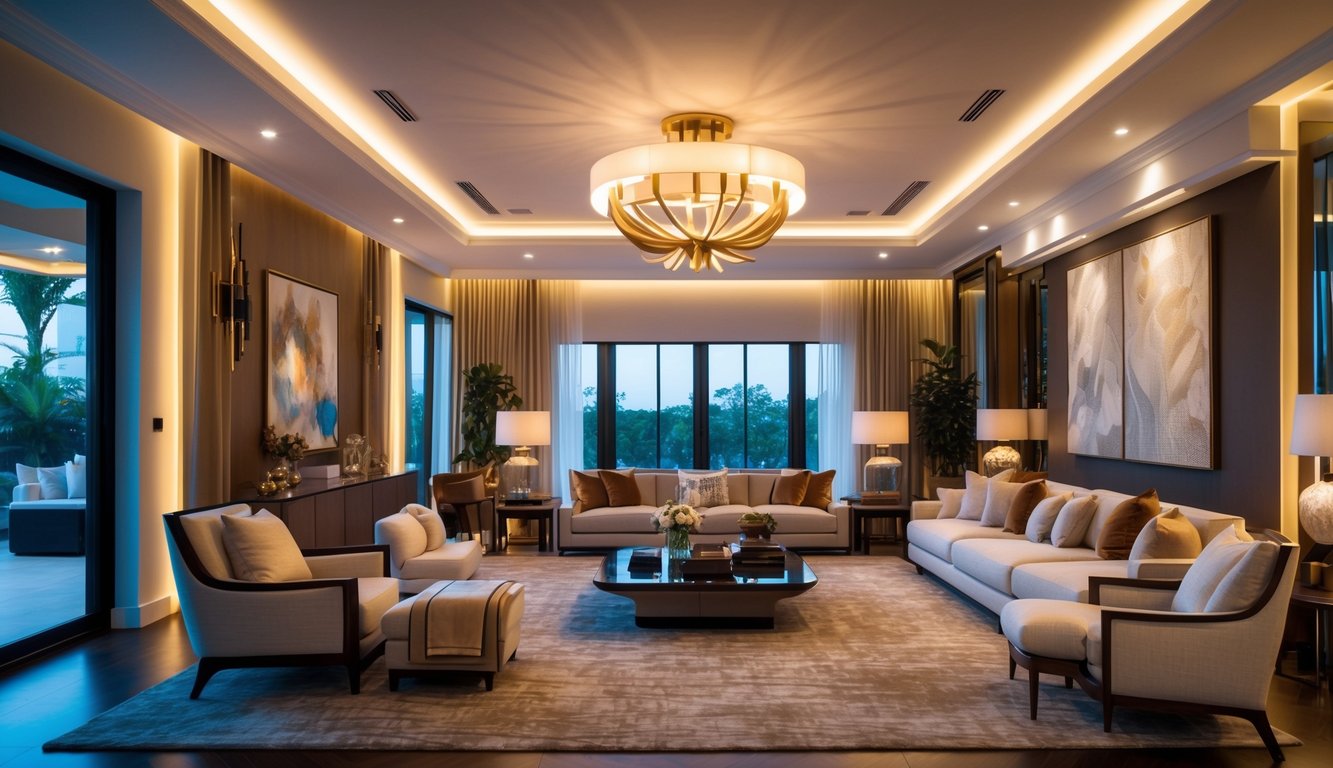 Ruang tamu mewah dengan pencahayaan hangat dan perabotan elegan.