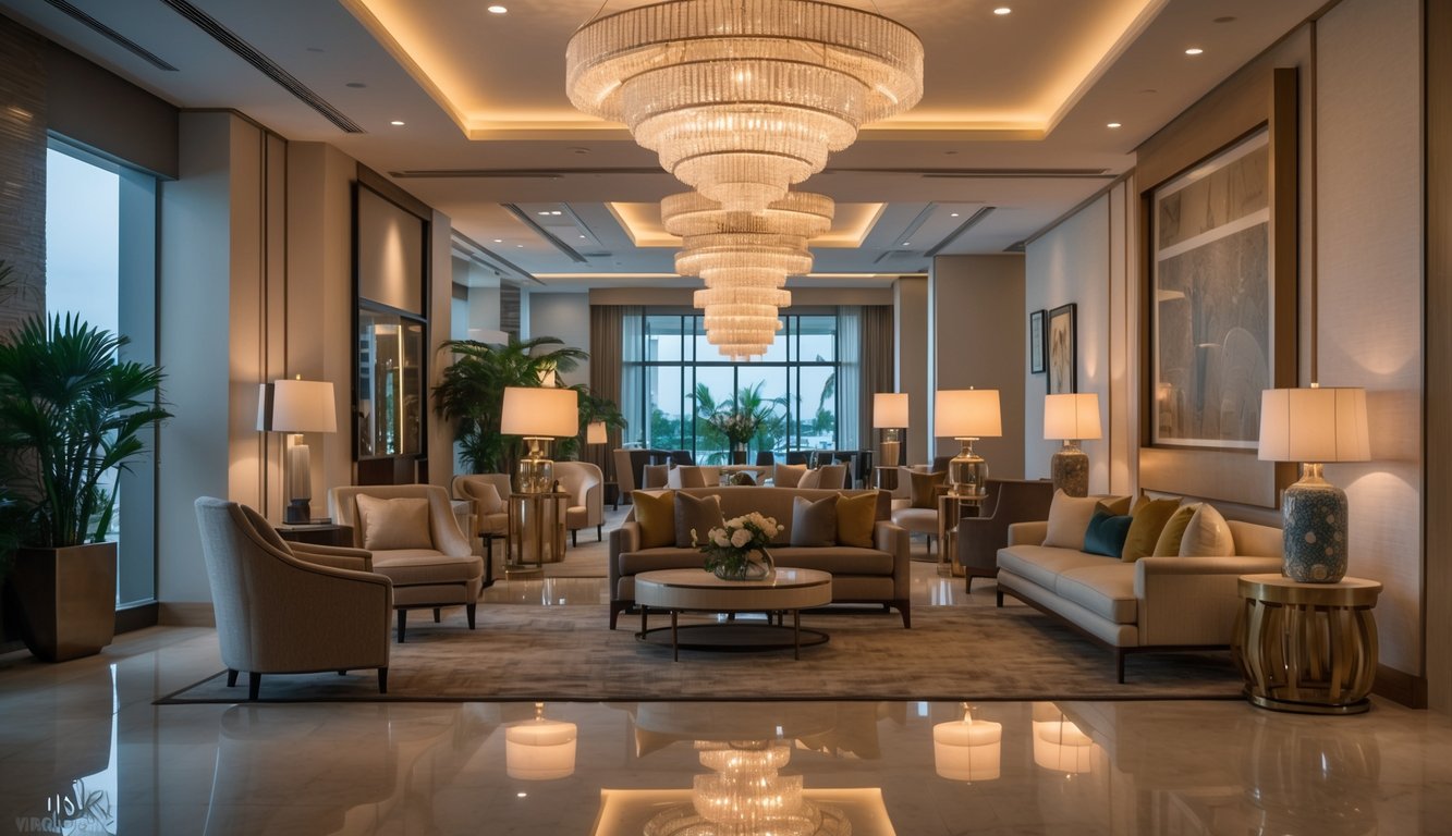 Interior mewah dengan pencahayaan hangat di lobi hotel dan ruang tamu apartemen yang elegan.