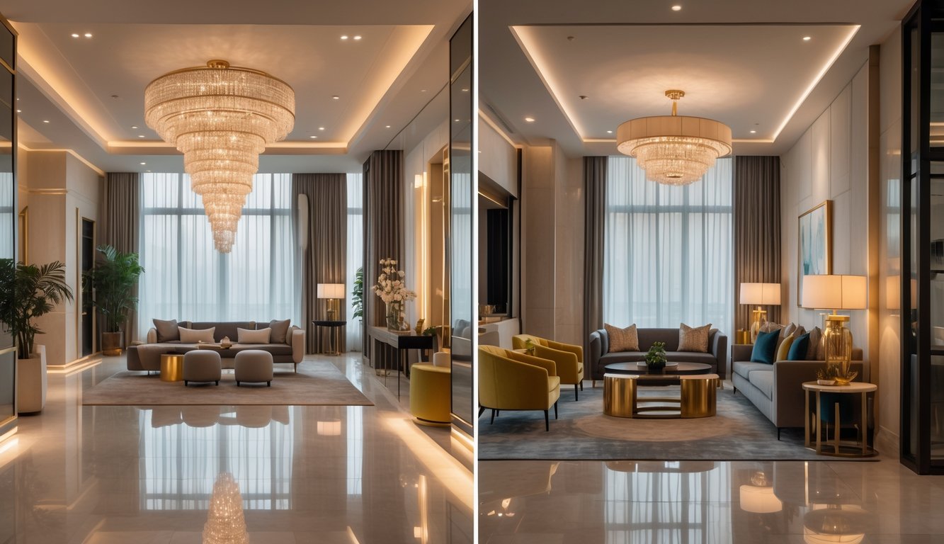 Interior mewah hotel dan apartemen dengan pencahayaan hangat dan furnitur elegan.