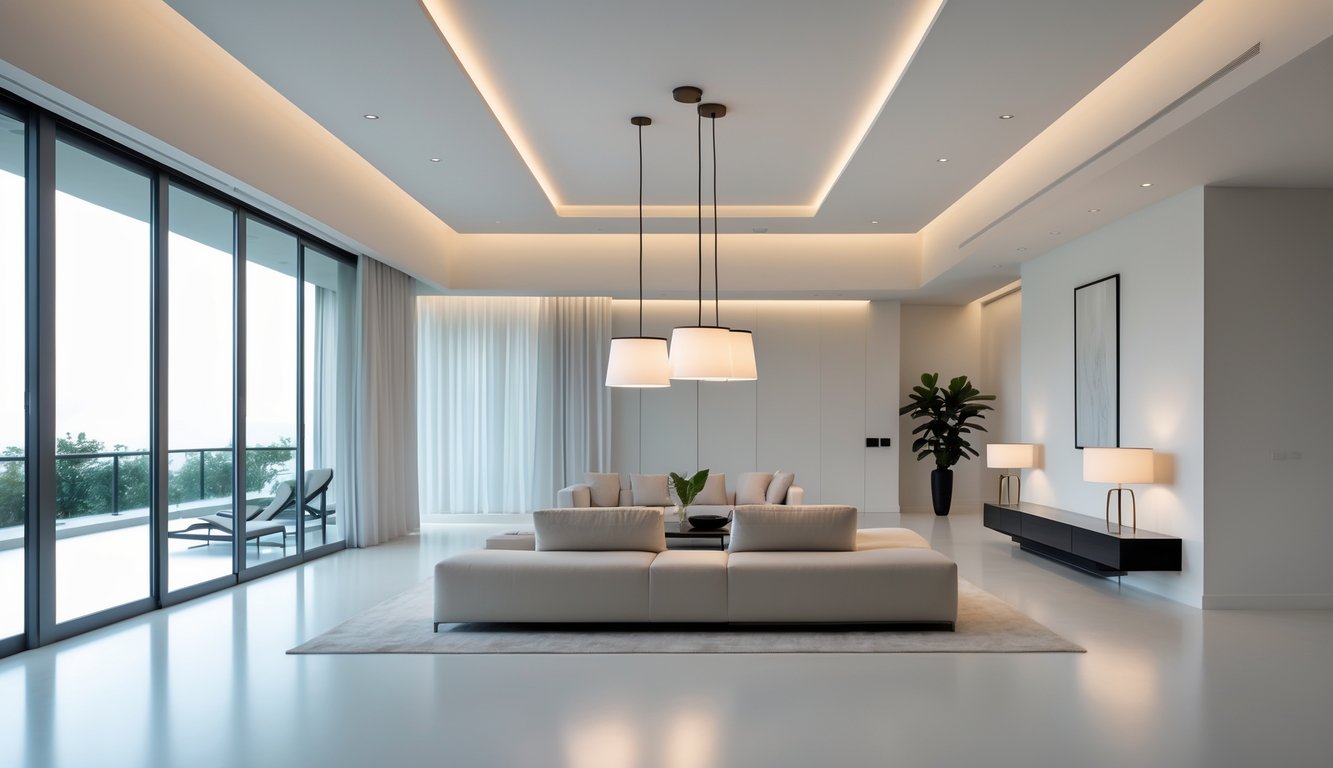 Ruang tamu dengan pencahayaan interior yang terang dan furnitur minimalis tanpa hiasan berlebihan.