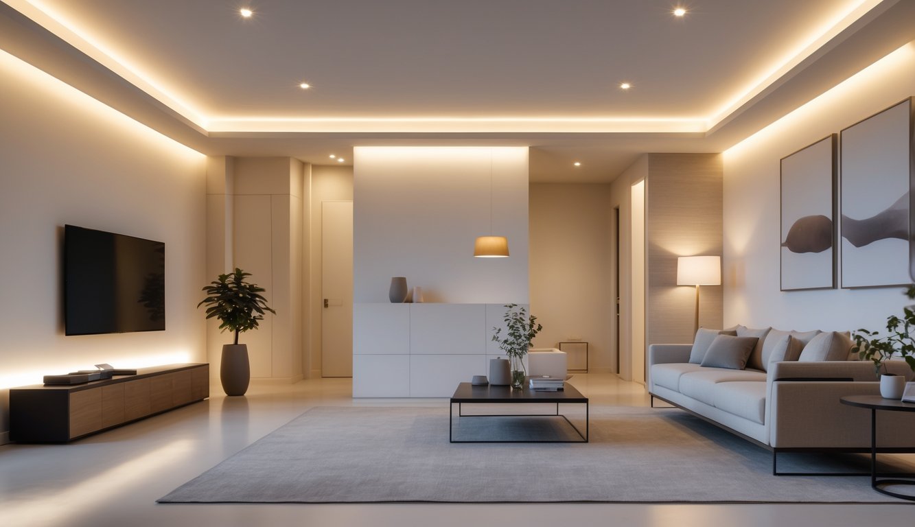 Ruang tamu dengan pencahayaan hangat dan furnitur sederhana yang nyaman.