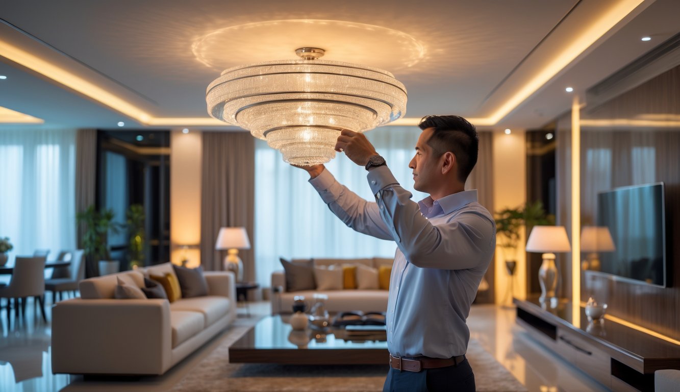 Seorang spesialis pencahayaan interior sedang mengatur lampu di ruang tamu mewah dengan pencahayaan hangat dan furnitur elegan.