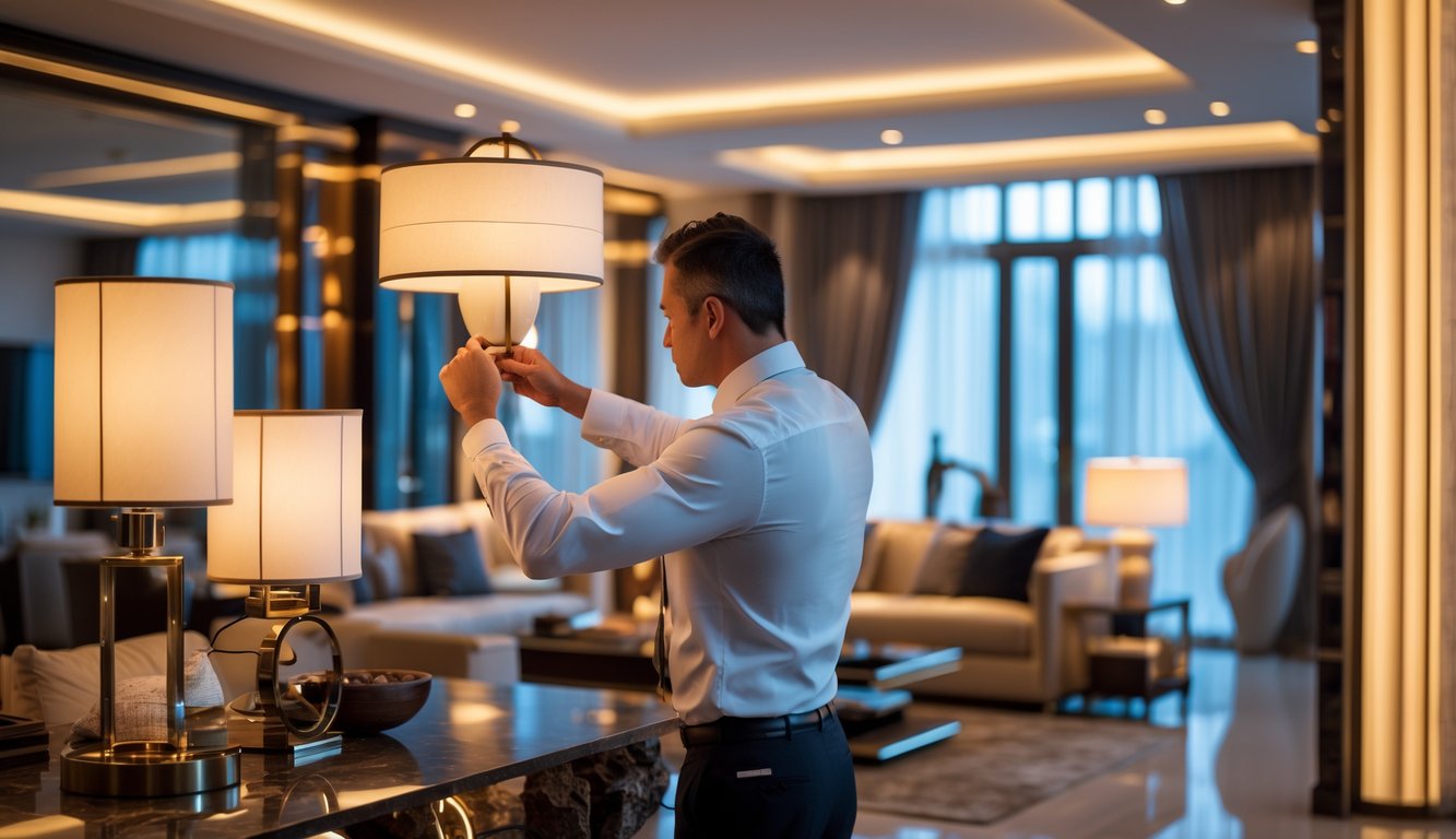 Seorang ahli pencahayaan interior mewah sedang mengatur lampu di ruang tamu modern yang elegan dan mewah.