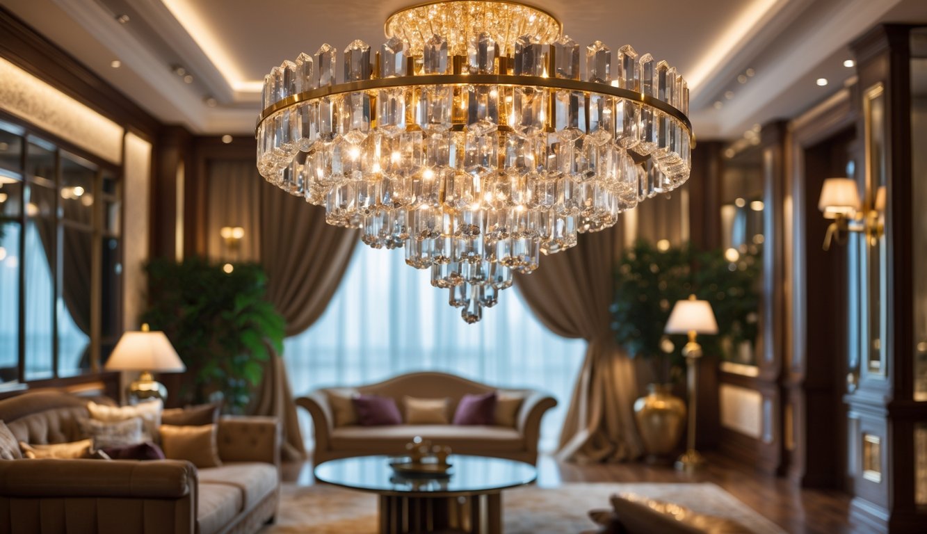 Pemandangan interior mewah dengan lampu kristal yang menggantung di tengah ruangan.