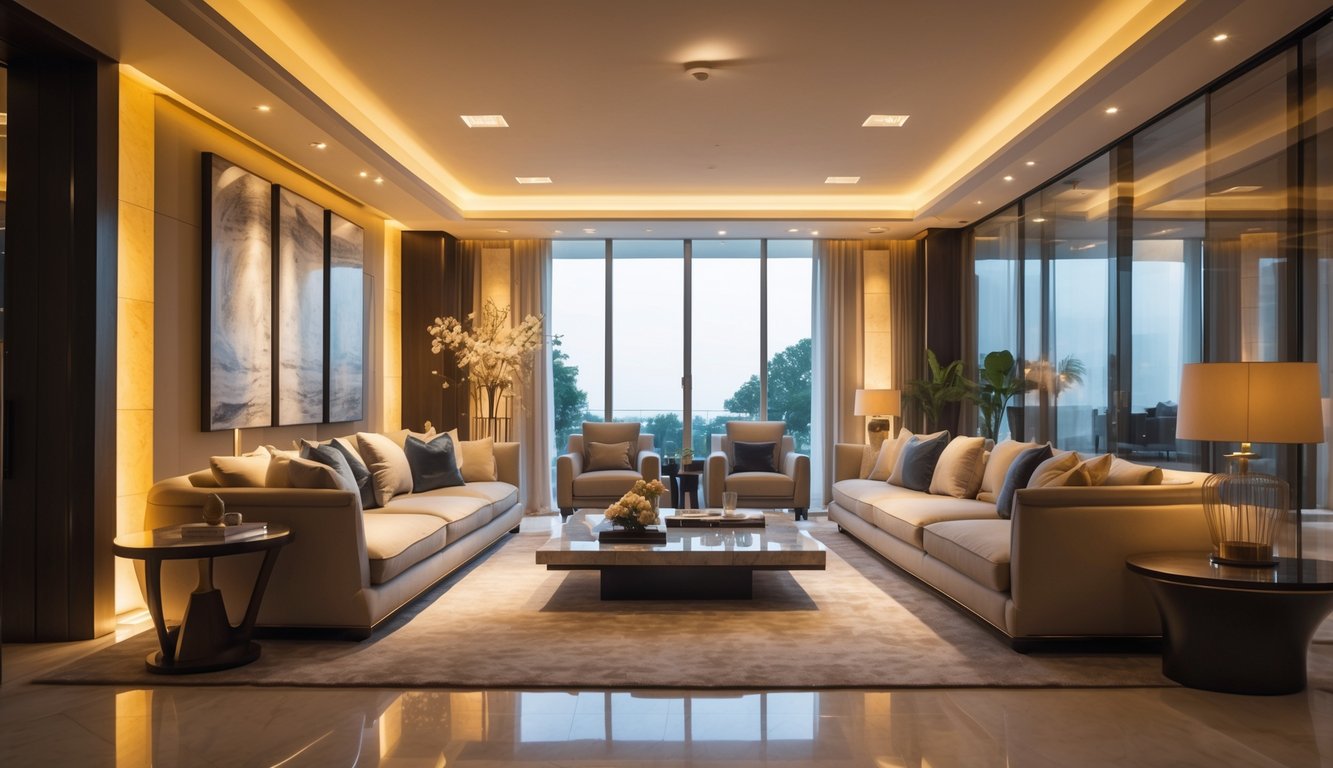 Ruang tamu mewah dengan pencahayaan hangat dan furnitur elegan.