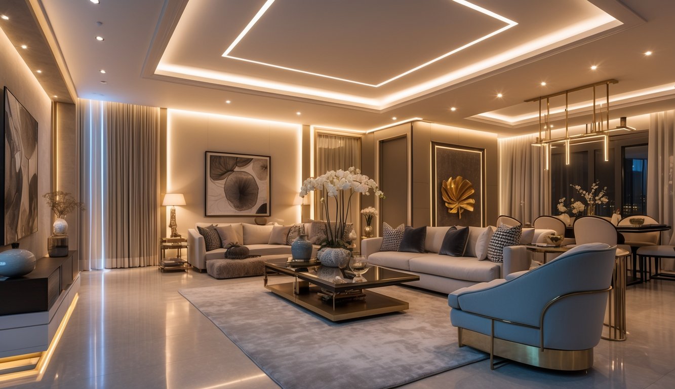 Ruang tamu mewah dengan pencahayaan hangat dan furnitur elegan.