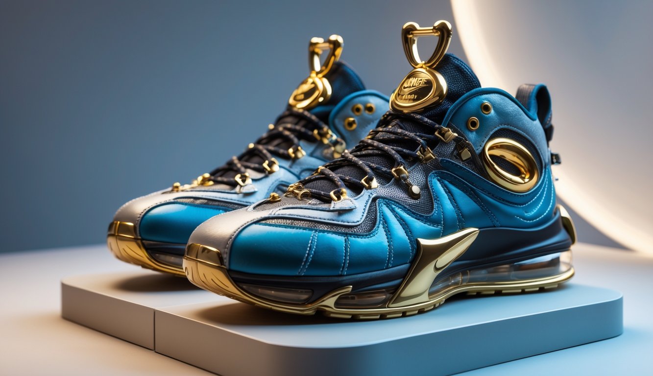 Sepasang sepatu Nike mewah berwarna emas dan hitam dipajang di atas sebuah pedestal minimalis dengan latar belakang bersih.