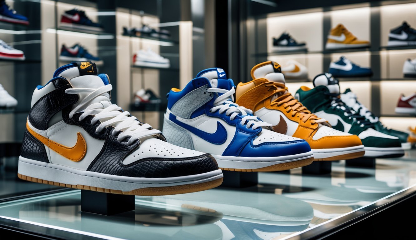 Deretan sepatu Nike mewah yang dipajang dalam etalase kaca di toko modern.