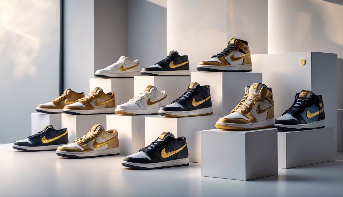 Koleksi sepatu Nike termahal dengan beberapa pasang sepatu mewah yang ditata rapi di atas alas putih dalam ruangan yang terang.