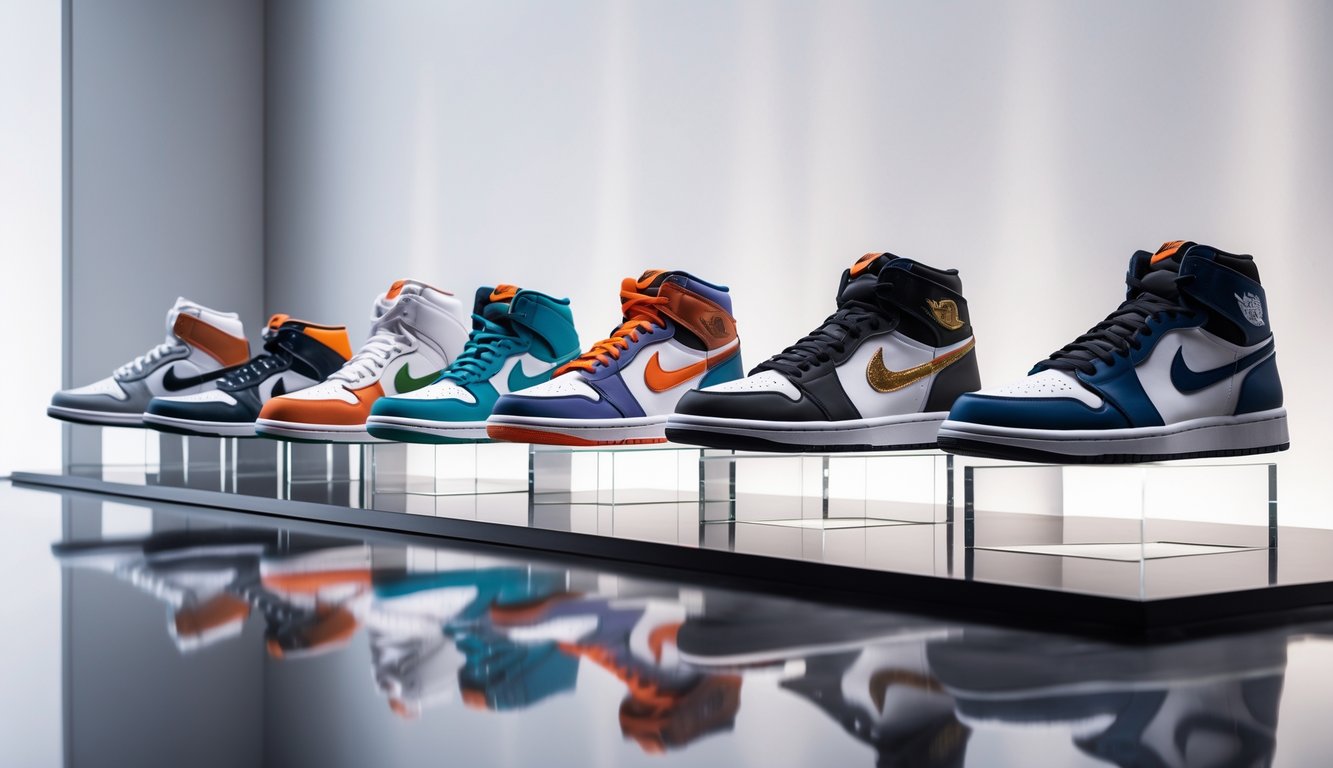 Deretan sepatu Nike termahal dari berbagai era dipajang rapi di atas alas transparan dengan pencahayaan terang di ruang pamer minimalis.