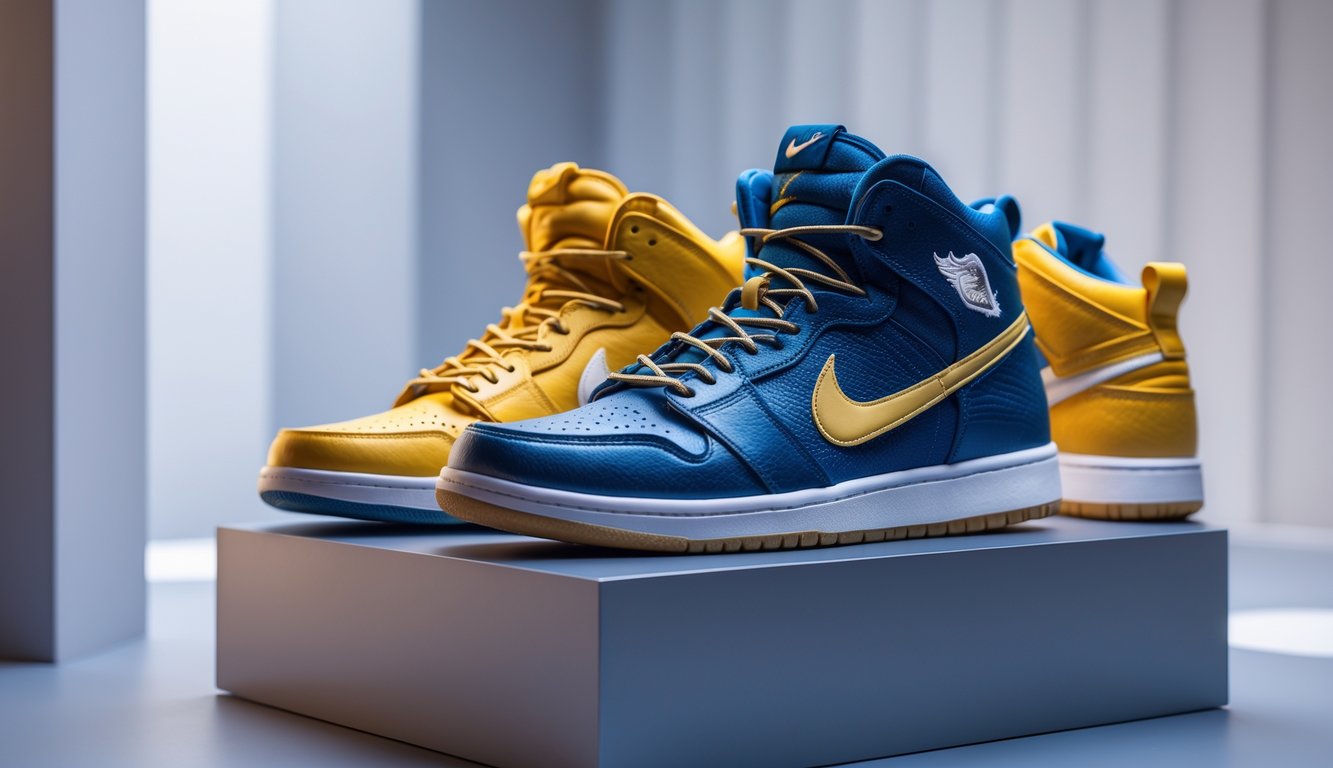 Sepasang sepatu Nike langka dan mahal dipajang di atas pedestal modern dengan latar belakang bersih.