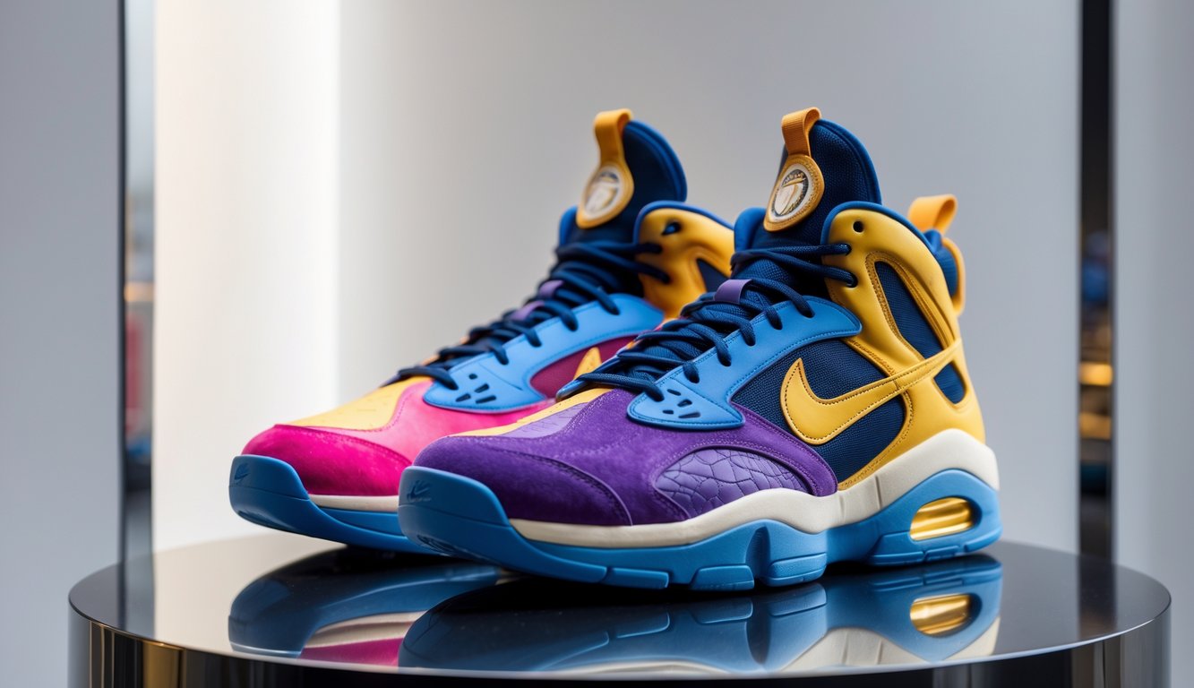 Sepasang sepatu Nike langka dan mahal yang ditampilkan di atas pedestal modern dengan latar belakang minimalis.