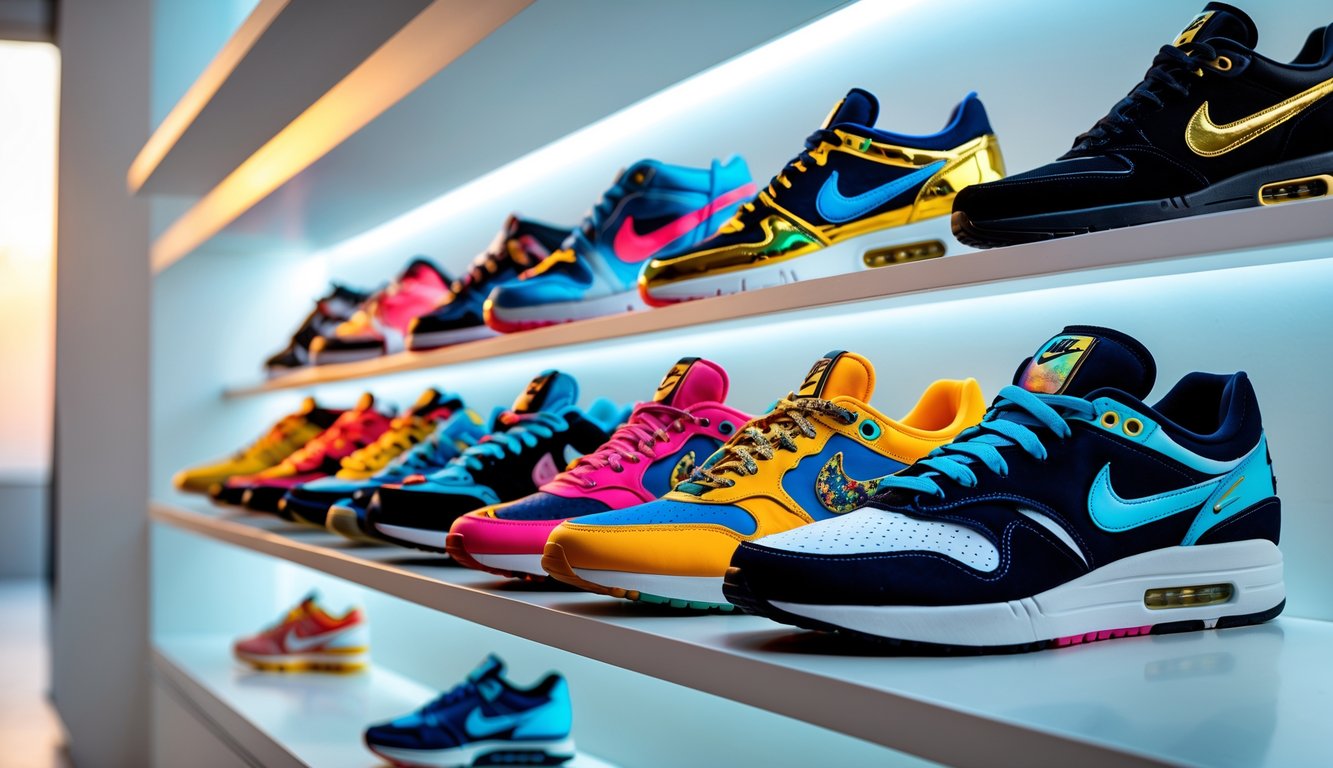 Koleksi sepatu Nike edisi terbatas yang mahal ditata rapi di rak dengan pencahayaan lembut.