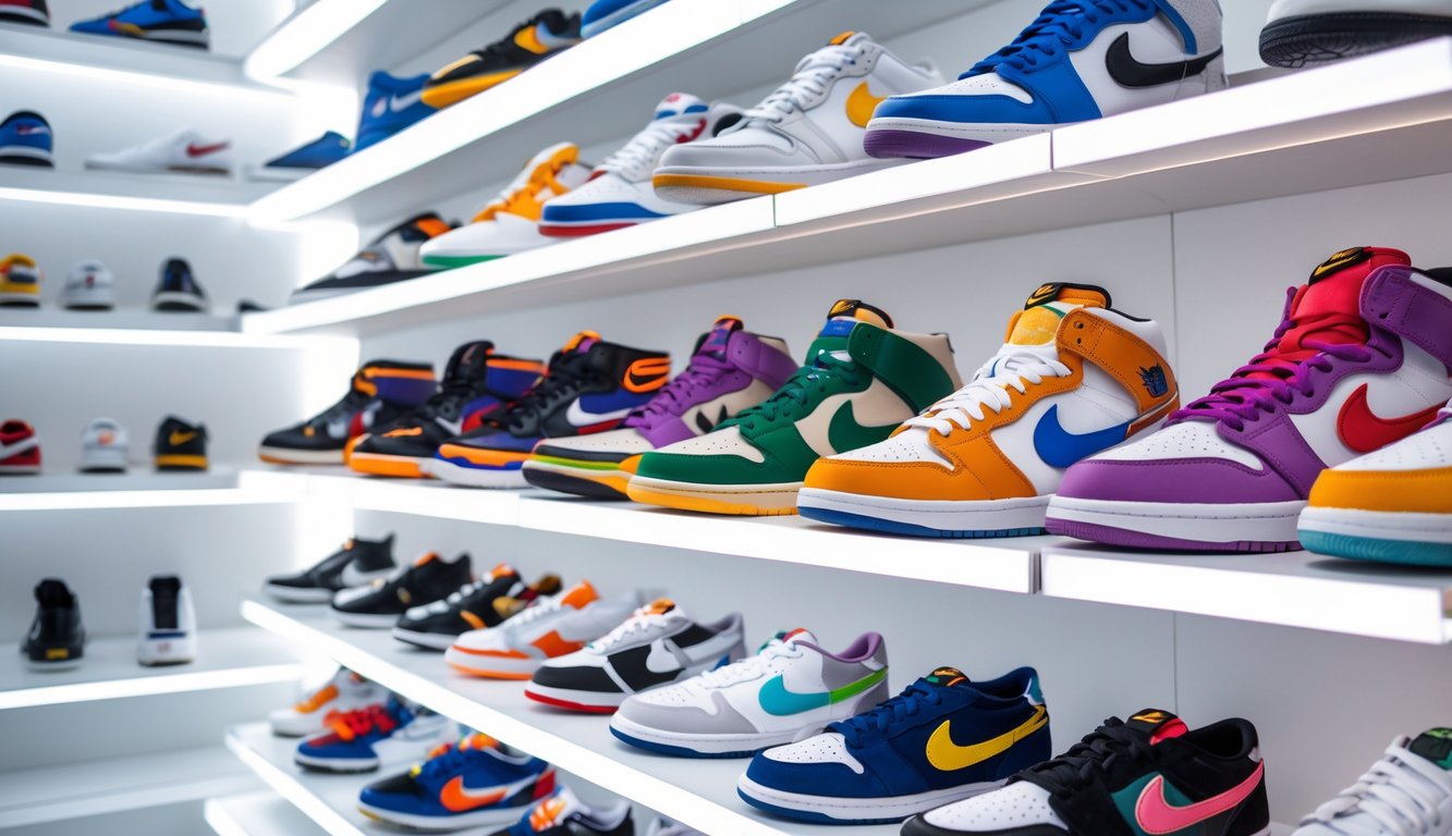 Koleksi sepatu Nike edisi terbatas yang mahal dipajang rapi di rak putih dalam ruangan yang terang.