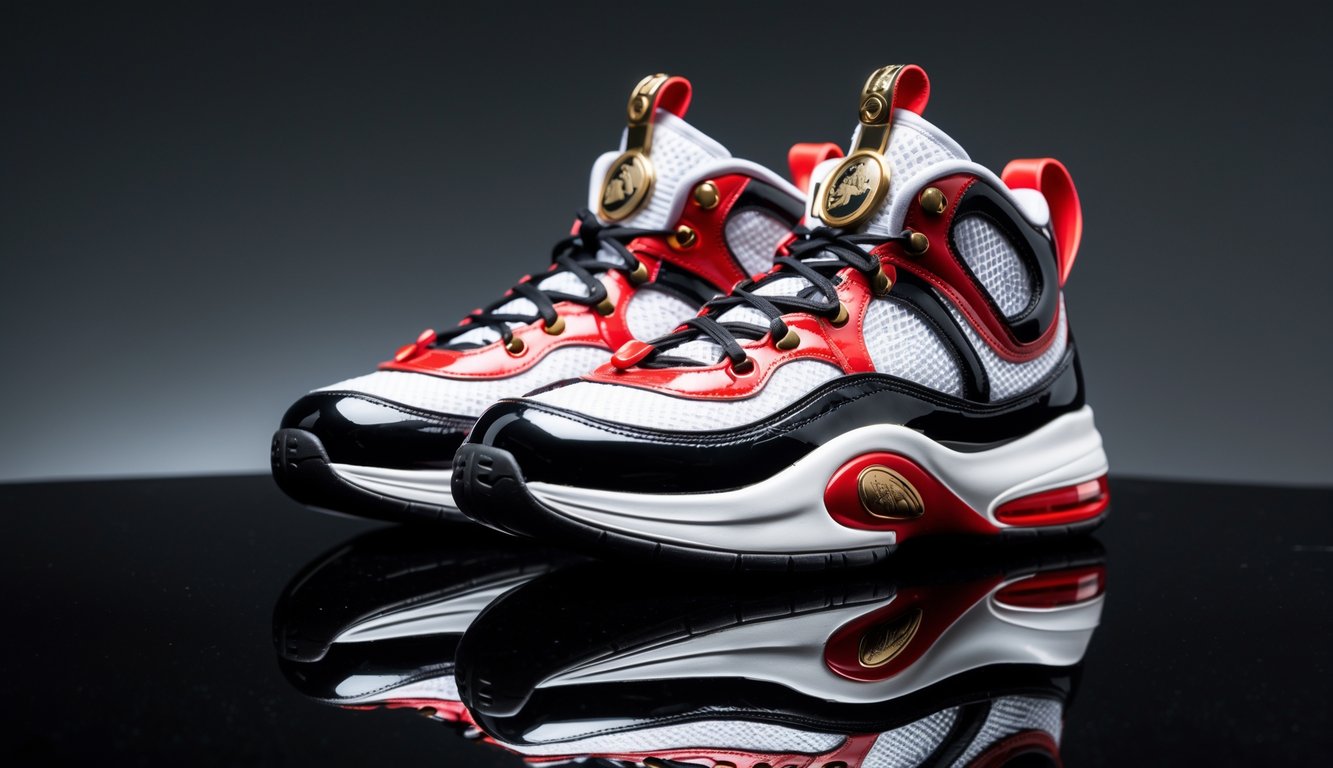 Sepasang sepatu Nike langka berwarna merah, putih, dan emas yang dipajang di atas permukaan hitam mengkilap.