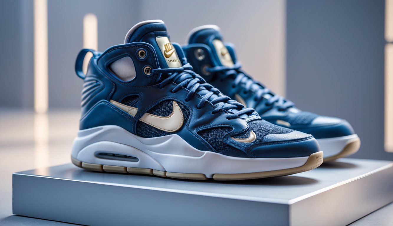 Sepasang sepatu Nike langka dan mahal dipajang di atas sebuah alas dengan latar belakang minimalis.